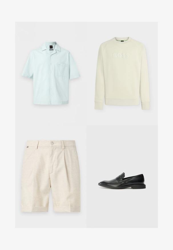 Sweat-shirt beige clair à col rond, manches longues avec poignets côtelés, featuring logo embossé "BOSS" sur la poitrine.; Chemise bleu clair à manches courtes avec col, poche poitrine et petit logo brodé au-dessus de la poche.; Shorts beige sur mesure longueur genou avec fermeture par boutons, passants de ceinture et plis subtils à l'avant sur fond uni.; Mocassins en cuir noir avec une texture lisse, un nez pointu et un petit talon rectangulaire. Présente un détail de bande horizontale sur le dessus.