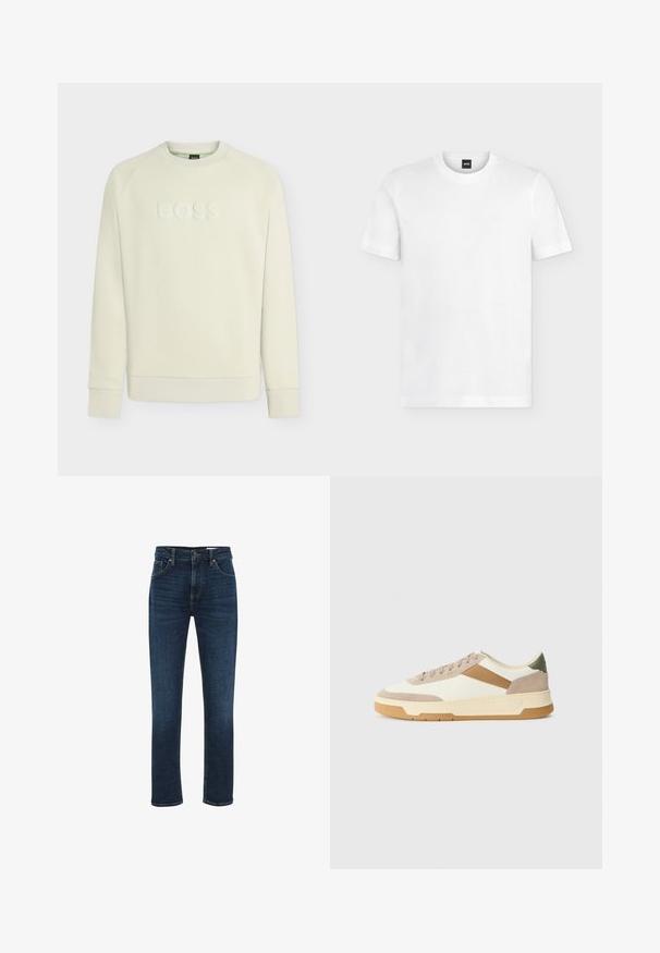 Lichtbeige crewneck sweater met lange mouwen en geribbelde boorden, met geperst "BOSS"-logo op de borst.; Wit T-shirt met korte mouwen en ronde hals, subtiel BOSS-logo op de bovenkant van de linkerborst en zwart neklabel.; WE Fashion BLUE RIDGE - Straight leg jeans - dark blue; Sneakers in beige, crème en olijfgroen, met suede en leer, een ronde neus, een minimalistisch ontwerp en een rubberen zool.