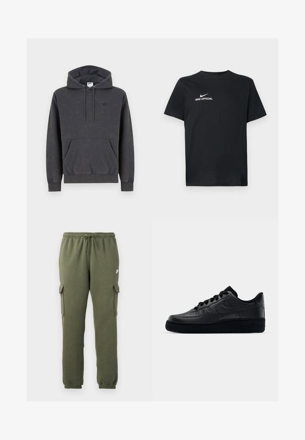 Sudadera con capucha Nike de color gris oscuro con bolsillo tipo canguro en la parte delantera, capucha con cordón ajustable, puños acanalados y un sutil logo bordado en el lado izquierdo del pecho.; Camiseta de algodón negra con escote redondo. Presenta un logo blanco de Nike y el texto "NIKE OFFICIAL" en el frente. Mangas cortas.; Pantalones cargo verde oliva con cintura elástica, cierre con cordón, bolsillos laterales y logotipo de la marca en el muslo. Tejido suave de mezcla de algodón.; Zapatilla Nike Air Force 1 negra con parte superior de cuero liso, puntera perforada para transpirabilidad, cordones negros y suela de goma texturizada.