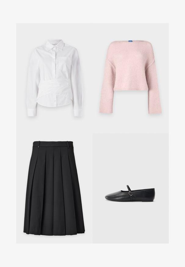 Pull en tricot rose avec un large col bateau, manches longues et coupe courte. Présente une texture douce et une petite étiquette au niveau du col.; Chemise blanche à manches longues avec col, boutons sur le devant, petite poche poitrine et design enroulé à la taille. Tissu en coton doux.; Jupe noire plissée longueur genou avec passants pour ceinture et petite étiquette logo rectangulaire près de la taille sur fond uni.; Ballerines noires en cuir avec un bout pointu, une semelle plate et une petite sangle avec un détail de boucle en argent.