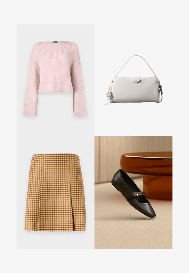 Pink strikket sweater med en bred bådudskæring, lange ærmer og en cropped pasform. Har en blød tekstur og en lille mærkat i nakken.; Gul og lilla ternet nederdel med lige snit, der har en subtil plissering foran og et glat tekstureret stof.; Sort læder flad sko med spids tå og gyldent CK-logo på rem, placeret på beige tæppe nær et rundt ravbrunt bord.; Hvid rektangulær Calvin Klein håndtaske med enkelt håndtag, minimalistisk design og dekorative kvaster med geometrisk metalvedhæng på siden.