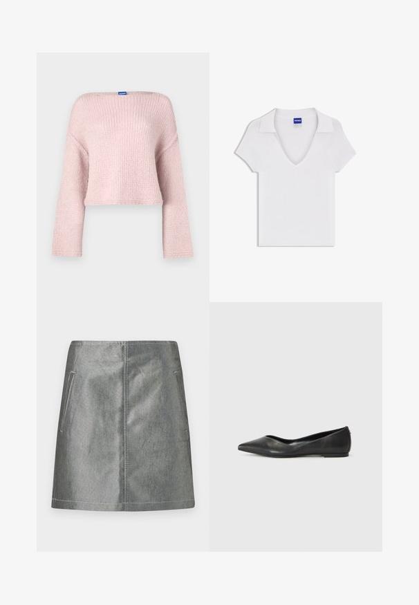 Roze gebreide trui met een brede boothals, lange mouwen en een cropped pasvorm. Heeft een zachte textuur en een klein label bij de hals.; Witte korte mouw shirt met V-hals en brede kraag, gemaakt van gestructureerde stof, met een blauwe "HUGO" label aan de binnenkant van de halslijn.; Zilveren denim minirok met een gladde textuur, voorzien van twee zijzakken en contrasterende stiksels. Eenvoudig, recht model zonder patronen.; Zwarte leren ballerina met een spitse neus, lage hak en een gladde structuur. Minimalistisch ontwerp met een subtiele zijaccent.