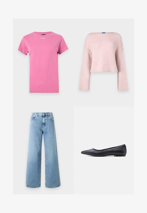 Pull en tricot rose avec un large col bateau, manches longues et coupe courte. Présente une texture douce et une petite étiquette au niveau du col.; T-shirt rose vif à manches courtes avec encolure ronde et petit logo blanc "PINKO" centré près du col.; Jean denim bleu clair à jambes larges, taille haute, fermeture avant par boutons et zip, avec poches avant.; Chaussure plate en cuir noire à bout pointu avec petit talon, vue de profil sur fond blanc.