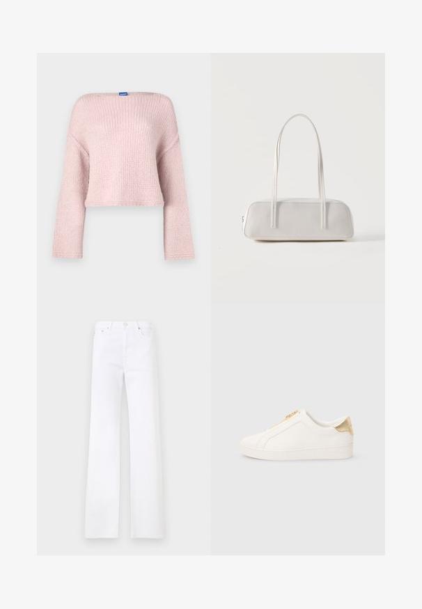 Pull en tricot rose avec un large col bateau, manches longues et coupe courte. Présente une texture douce et une petite étiquette au niveau du col.; Jean en denim blanc à coupe droite, doté d'un design classique à cinq poches et d'une fermeture par bouton métallique. Texture lisse, sans motifs visibles.; Baskets blanches à enfiler en cuir lisse, avec une fermeture éclair dorée et un accent près du talon avec une finition texturée et un logo embossé sur le côté.; Sac d'épaule rectangulaire blanc avec des bretelles longues et fines, couture minimale, et fermeture éclair sur un fond uni.