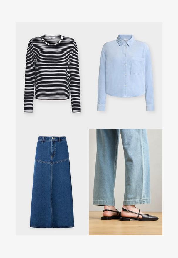 Top met lange mouwen in marineblauwe en witte strepen, met een ronde halslijn en een aangesloten pasvorm. Gemaakt van zachte, rekbare stof met een gladde textuur.; Lichtblauw ribfluwelen overhemd met klassieke kraag, lange mouwen, voorzak en knoopsluiting. Voorzien van een gestructureerd ribbelmotief.; Blauwe denim midi rok met knopen aan de voorkant en naaddetails, licht wijd uitlopend van taille tot zoom tegen een witte achtergrond.; Zwarte leren slingback schoenen met een spitse neus, platte hak en enkelband; gedragen met lichtblauwe wijde jeans.