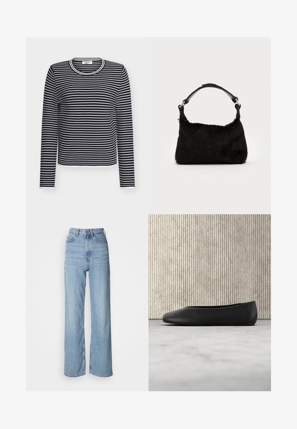 Langærmet top i marineblå og hvide striber med rund halsudskæring og en tætsiddende pasform. Fremstillet af blødt, strækbart stof med en glat tekstur.; Lyseblå højtskårne jeans med lige ben, lavet af denim, med frontknaplukning og diskrete falmede detaljer.; Sorte læder balletflade med en rund tå, glat tekstur og en gulds logoaccent på siden. Placeret over en reflekterende overflade.; Sort faux fur håndtaske med en blød tekstur, rund form og en robust skulderrem i sort læder. Synlige sølvhardware-detaljer.