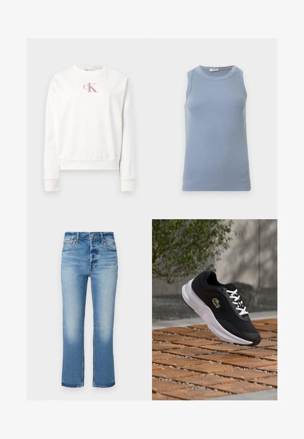 Sweat-shirt blanc en coton avec col rond et manches longues. Caractérisé par un logo "ck" rose brodé sur la poitrine et des poignets côtelés.; Haut bleu sans manches avec une texture côtelée, un col rond et une coupe ajustée. Le tissu semble lisse et léger.; Jean en denim bleu clair avec une coupe droite, présentant un délavage près des cuisses, une fermeture à bouton et un style classique à cinq poches.; Chaussure de sport noire et blanche avec logo de crocodile, lacets blancs, suspendue au-dessus d'une surface extérieure en bois et galets avec un arrière-plan flou.