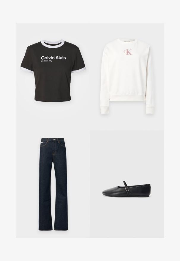 Sudadera blanca de algodón con cuello redondo y mangas largas. Presenta un logo "ck" bordado en rosa en el pecho y puños acanalados.; Camiseta negra recortada con el cuello y las mangas en blanco. Presenta "Calvin Klein" y "ciudad infinita" impresos en blanco. Material de algodón suave.; Vaqueros de mezclilla azul oscuro con piernas rectas, presentan costuras naranjas, cierre frontal con botón y una pequeña etiqueta en la cintura.; Bailarinas de cuero negro con punta afilada, suela plana y una pequeña correa con detalle de hebilla plateada.
