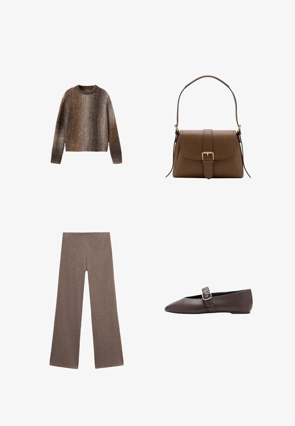 Langærmet, blød trøje med et gradientmønster, der blander brune, grå og beige farver, med rund halsudskæring og en blød tekstur.; Brune brede bukser lavet af blødt, tekstureret stof. Designet har en høj talje og en løs pasform, perfekt til afslappet brug.; Brun flad sko med spids tå, sølvspænde over vristen, glat lædertekstur og lav hæl.; Brun skuldertaske i læder med frontklaffelukning og guldlås, med justerbar rem med gulddetaljer på hvid baggrund.