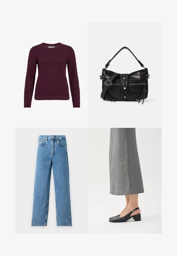 Bordeaux pullover sweater med et struktureret, honningkagesmønster, rund hals, lange ærmer og ribbede manchetter og kant.; Lysblå lige ben jeans lavet af denim, med høj talje, frontknaplukning og fem-lomme design med synlige sømme.; Sorte læder slingback sko med spids tå, blokhæl og kontrasterende lyserød hælafslutning. Glat tekstur med minimalistisk design.; Even&Odd H24462 - Håndtasker - black