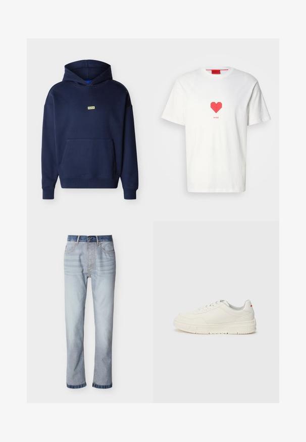 Mørkeblå hættetrøje med kangurulomme foran og lille gul rektangulær "HUGO"-logo på brystet.; Hvid bomuld T-shirt med et rødt hjertegrafik i midten. Brandnavnet "HUGO" er trykt under hjertet i en simpel skrifttype.; Lyseblå denimjeans med mørkeblå linning, design med lige ben, fem lommer og synlige syningsdetaljer.; Hvide sneakers med en glat læderoverdel, rund tå, flade snørebånd og en struktureret gummisål. Der er en rød detalje på hælen.
