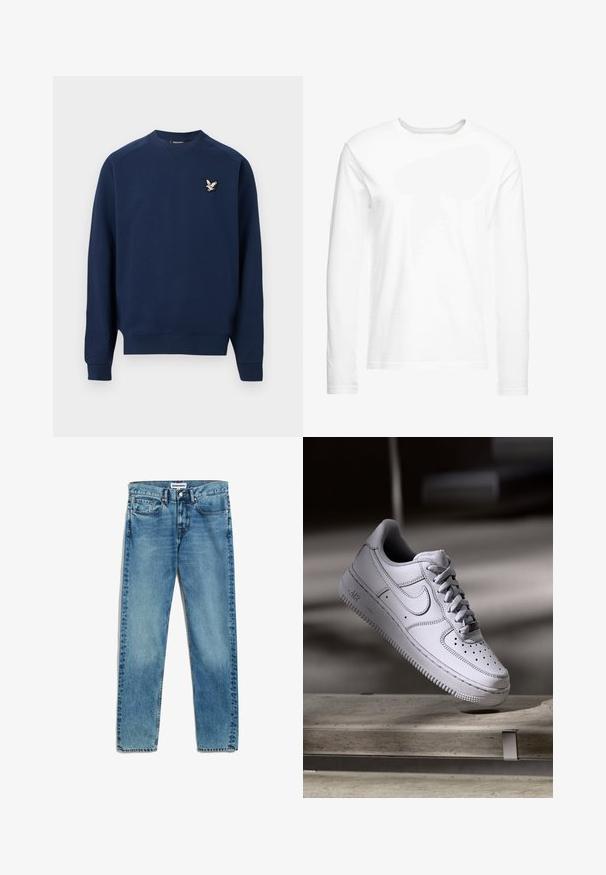 Navyblauwe crewneck sweater met lange mouwen en een klein geborduurd wit vogellogo op de linkerborst.; Langsleeve witte t-shirt gemaakt van zachte katoen. Ronde halslijn met rechte zoom en geen zichtbare patronen of graphics.; Lichtblauwe spijkerbroek met een rechte snit, voorzien van vijf zakken, een ritsluiting en subtiele vervaging op de stof. Metaal knoopsluiting.; Witte Nike Air Force 1 sneaker van leer met geperforeerde neus, platte veters en een gestructureerde rubberen zool met "AIR"-logo aan de zijkant.