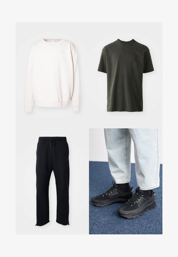 Valge ümar kaelusega spordipusa, mis on valmistatud pehmest kangast, sisaldab rinnaosas väikest helesinist Nike logo ning ribatatud varrukaid ja ääri.; Tumes roheline T-särk pehmest kangast, millel on ümar kaelus ja lühikesed varrukad. Tikkitud "nike" logo, mis on veidi tumedamat roheline.; Mustad mustaräätsed paelaga ja elastse vööga, küljetaskud, kitsenevad sääred ja tõmblukud pahkluude juures. Sile tekstuur.; Mustad mustad jooksukingad, millel on tekstureeritud kangas ja kummist tallad, elastsed nöörid ning sinine aksent kandadel. Kandmine heledate teksadega.