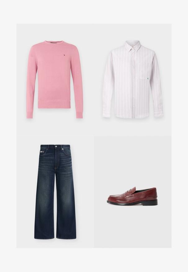 Pull en tissu léger de couleur rose clair, à manches longues et col rond, avec des poignets et un ourlet côtelés, logo de drapeau brodé en petit sur la poitrine gauche.; Chemise à manches longues, rose clair, boutonnée, avec des rayures verticales blanches et une poche poitrine ornée d'un petit logo vert. Tissu en coton, col classique.; Jean en denim bleu foncé à jambes larges avec poches avant, passants de ceinture, fermeture par boutons et légère décoloration sur les cuisses et les genoux.; Mocassin en cuir bordeaux avec une finition lisse, des coutures décoratives et un bout arrondi. Il présente un petit talon noir.