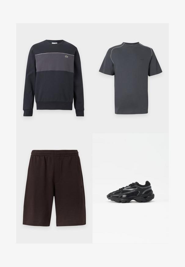 Sweat-shirt à manches longues noir et gris foncé avec un petit logo de crocodile vert sur la poitrine gauche et un liseré blanc au-dessus du panneau gris.; T-shirt gris foncé à manches courtes avec un col montant, des coutures blanches contrastantes le long des coutures, et un petit logo sur la poitrine.; Shorts en coton brun foncé avec une ceinture élastique et des poches latérales. Le design présente une texture simple et lisse, sans motifs.; Baskets de sport noires avec tige en mesh et synthétique. Comprend une semelle texturée, des accents réfléchissants et un talon renforcé.