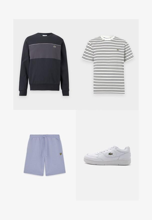 Sweat-shirt à manches longues noir et gris foncé avec un petit logo de crocodile vert sur la poitrine gauche et un liseré blanc au-dessus du panneau gris.; T-shirt blanc à manches courtes avec des rayures horizontales noires et un petit logo de crocodile vert sur le côté gauche de la poitrine.; Shorts décontractés violet clair avec taille élastique et cordon de serrage, comportant un petit logo brodé représentant un oiseau jaune et noir sur la jambe droite.; Baskets en cuir blanc avec un bout perforé et un logo crocodile vert sur le côté extérieur. Comprend une semelle plate et un design à lacets.