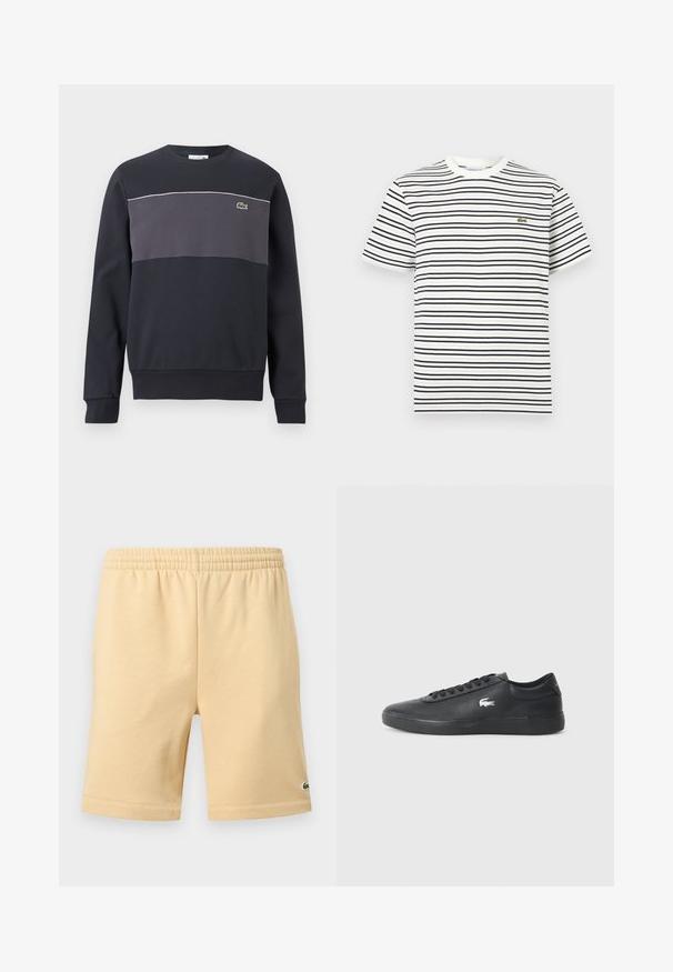 Sweat-shirt à manches longues noir et gris foncé avec un petit logo de crocodile vert sur la poitrine gauche et un liseré blanc au-dessus du panneau gris.; T-shirt blanc à manches courtes avec des rayures horizontales noires et un petit logo de crocodile vert sur le côté gauche de la poitrine.; Shorts décontractés beige avec taille élastique et petit logo vert brodé en bas de la jambe droite.; Sneaker en cuir noir avec bout arrondi, semelle plate et logo blanc sur le côté. Présente des lacets noirs et une finition lisse et mate.