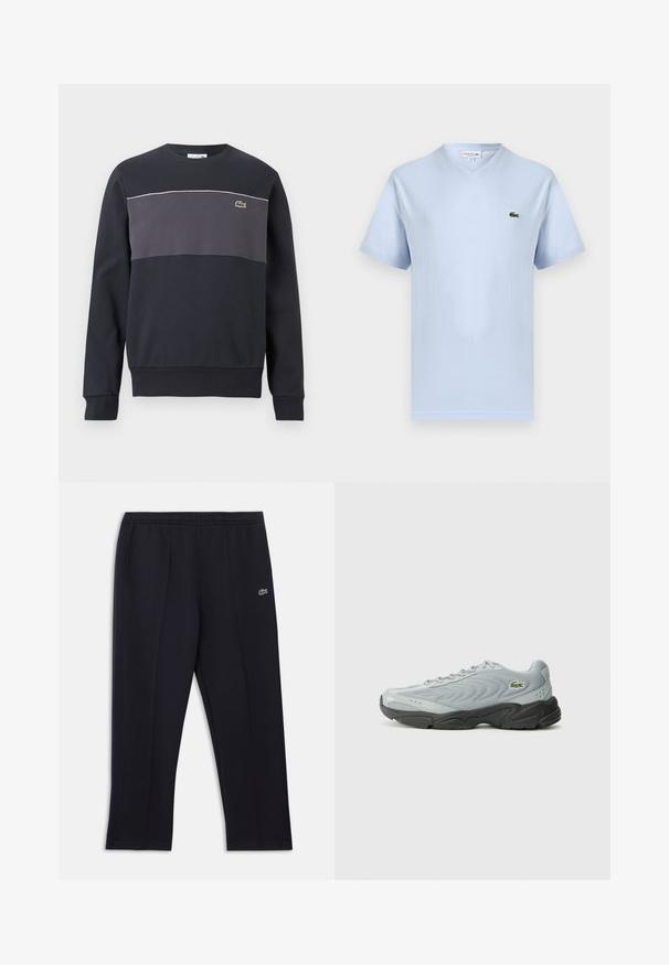 Sweat-shirt à manches longues noir et gris foncé avec un petit logo de crocodile vert sur la poitrine gauche et un liseré blanc au-dessus du panneau gris.; T-shirt bleu clair à col en V et manches courtes avec petit logo crocodile vert Lacoste sur le côté gauche de la poitrine.; Pantalon de sport noir avec poches latérales, ceinture élastique, fines bandes latérales et petit logo crocodile vert sur la hanche droite.; Chaussure de sport grise avec une tige texturée, semelle en caoutchouc noire et design à lacets. Présente un petit logo vert sur le côté.