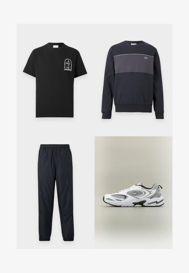 Sweat-shirt à manches longues noir et gris foncé avec un petit logo de crocodile vert sur la poitrine gauche et un liseré blanc au-dessus du panneau gris.; T-shirt Lacoste noir à manches courtes avec un motif blanc et le texte « La légende de l'élégance française continue » sur le côté gauche de la poitrine.; Pantalon noir, léger et résistant à l'eau, avec une taille élastique et des poignets froncés aux chevilles. Texture lisse, sans motifs ni accents visibles.; Baskets de course blanches et grises avec des panneaux en mesh, accents verts, détails noirs et un logo sur le côté, présentées par l'extérieur.