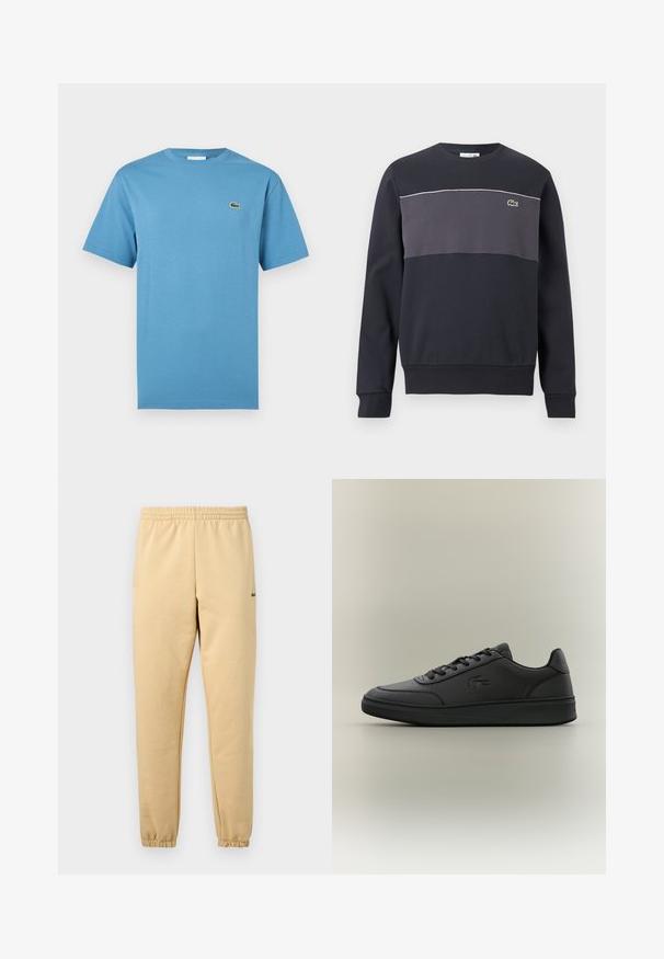 Sweat-shirt à manches longues noir et gris foncé avec un petit logo de crocodile vert sur la poitrine gauche et un liseré blanc au-dessus du panneau gris.; T-shirt bleu à manches courtes avec col rond et petit logo de crocodile vert sur le côté gauche de la poitrine, présenté sur fond blanc.; Pantalon de jogging beige avec taille élastique et poignets, arborant un petit logo crocodile vert brodé sur la cuisse droite.; Baskets noires en matériau synthétique lisse, avec un design bas, bout rond, système de laçage à l'avant, logo en relief et semelle texturée.
