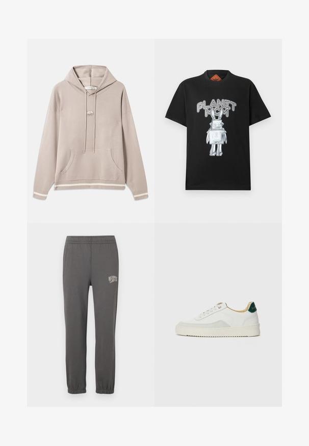 Hellbeige Kapuzensweatshirt mit Fronttasche, Kordelzügen, gerippten Bündchen und Saum, mit cremefarbenen Streifen und einem kleinen gestickten Logo auf der Brust.; Schwarzes Baumwoll-T-Shirt mit silbernem Motiv eines Robot-Hasen und dem weißen Text "PLANET MCM" darüber. Rundhalsausschnitt und kurze Ärmel.; Graue Jogginghose mit elastischem Bund, schmal zulaufenden Bündchen und einem kleinen weißen Logo mit der Aufschrift "Billionaire Boy Club" am linken Oberschenkel.; Weiße Sneaker mit Wildlederelementen, runder Zehenpartie, flachen Schnürsenkeln und einer cremefarbenen Gummisohle. Mit grünen Markenlogo am Fersenbereich.