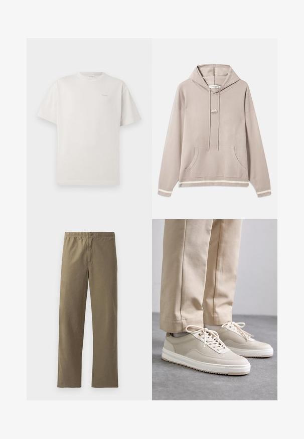 Lichtbeige hoodie met buidelzak, trekkoorden, ribgebreide manchetten en zoom, met crèmekleurige strepen en een klein geborduurd logo op de borst.; CLOSED LOGO - T-shirt basic - blush pink; Khaki broek gemaakt van lichtgewicht stof. Heeft een elastische tailleband, een knoopsluiting, rechte pijpen en een soepele textuur.; Beige sneakers met een textuur bovenkant, witte zolen en gestikte accenten, gecombineerd met beige broeken, tentoongesteld op een grijze ondergrond.