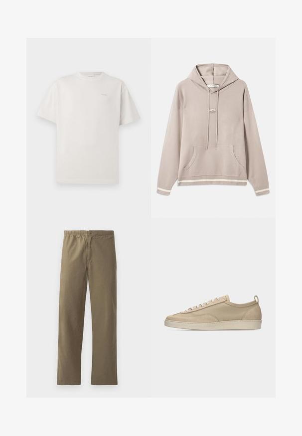 Hellbeige Kapuzensweatshirt mit Fronttasche, Kordelzügen, gerippten Bündchen und Saum, mit cremefarbenen Streifen und einem kleinen gestickten Logo auf der Brust.; CLOSED LOGO - T-Shirt basic - blush pink; Khaki-Hosen aus leichtem Stoff. Mit einem elastischen Bund, einem Knopfverschluss, geraden Beinen und einer glatten Textur.; Beiger Sneaker mit niedriger Schafthöhe, Obermaterial aus Stoff und Wildleder, weißen Schnürsenkeln, Gummisohle und Fersenlasche, seitlich auf weißem Hintergrund dargestellt.