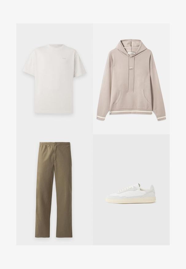 Lys beige hætte sweatshirt med frontlomme, snore, ribbede ærmer og kant med cremefarvede striber, samt et lille broderet logo på brystet.; CLOSED LOGO - T-shirts basic - blush pink; Khaki bukser lavet af letvægtsmateriale. Har en elastisk talje, knaplukning, lige ben og en glat overflade.; Hvid sneakers med en øvre del i tekstureret ruskind og læder. Har rundet tå, snørelukning og kontrasterende beige gummisål.