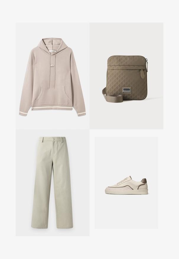 Lichtbeige hoodie met buidelzak, trekkoorden, ribgebreide manchetten en zoom, met crèmekleurige strepen en een klein geborduurd logo op de borst.; Han Kjøbenhavn WIDE LEG - Broek - light grey; Beige lage sneaker met vetersluiting, suède en leren panelen en een geribbelde rubberen zool op een effen witte achtergrond.; Beige crossbodytas met verstelbare band, voorvak met ritssluiting en een reliëf geometrisch patroon, voorzien van een klein metalen logoplaatje.