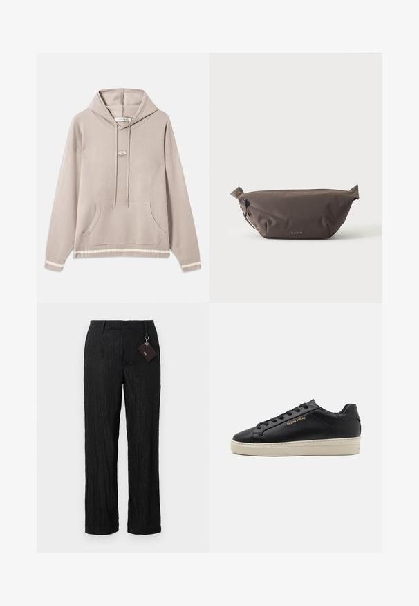 Sweatshirt à capuche beige clair avec poche avant, cordons, poignets et ourlet côtelés, présentant des rayures crème et un petit logo brodé sur la poitrine.; Pantalons larges en noir texturé, avec une finition lisse et des coutures visibles ; comprend une étiquette attachée par une boucle en métal argenté.; Sneaker en cuir noir avec une finition lisse, semelle crème contrastante, bout arrondi, logo doré sur le côté et six œillets pour les lacets.; Sac banane en tissu marron foncé avec poche zippée en diagonale et petit logo blanc sur le devant, sur un fond clair uni.
