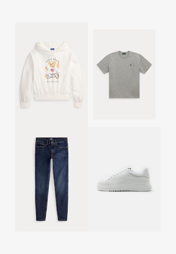Hvid hættetrøje med en teddybjørn iført en skjorte med et amerikansk flag og jeans, tekst "Polo Bear by Ralph Lauren" på fronten.; Lysegrå T-shirt med korte ærmer og rund halsudskæring med lille mørkeblåt broderet logo af en polospiller på venstre bryst.; Mørkeblå slim-fit jeans med forlommer, bæltestropper og knaplukning, lagt fladt på en hvid baggrund.; Hvide sneakers med en struktureraad læderoverdel, rund tå og snørebåndsdesign. Tykk hvid gummisål med struktureret grebsmønster.