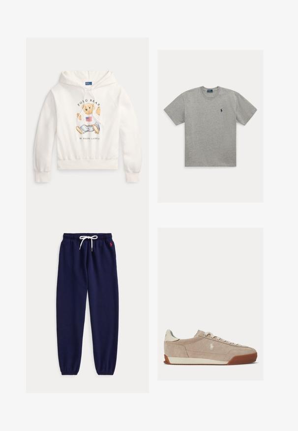 Sudadera blanca con capucha con un osito de peluche que lleva una camisa con la bandera estadounidense y vaqueros, texto "Polo Bear by Ralph Lauren" en el frente.; Camiseta gris clara de manga corta con cuello redondo y pequeño logo bordado en azul oscuro de jugador de polo en el pecho izquierdo.; Pantalones jogger azul marino con cintura de cordón blanco y puños elásticos, con pequeño logo rojo bordado cerca del bolsillo izquierdo.; Zapatilla baja de ante beige con cordones blancos, logo blanco en el lateral y suela de goma marrón.