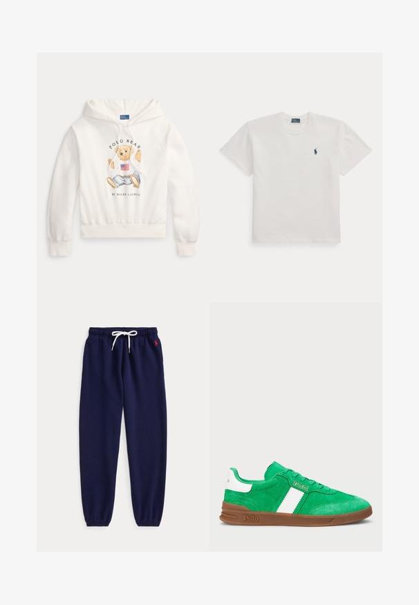 Biela kapucňová mikina s plyšovým medveďom, ktorý má na sebe košeľu s americkou vlajkou a džínsy, text "Polo Bear by Ralph Lauren" vpredu.; Biele tričko s krátkym rukávom a okrúhlym výstrihom s malým tmavomodrým logom hráča póla na ľavej strane hrudníka.; Námornícky modré tepláky s bielym šnúrkou v páse a elastickými lemami, s malým červeným logom vyšívaným pri ľavej vrecku.; Zelené semišové tenisky s bielym horizontálnym pruhom, hnedou gumovou podrážkou a tónovanými šnúrkami. Branding na bočnej a zadnej strane.