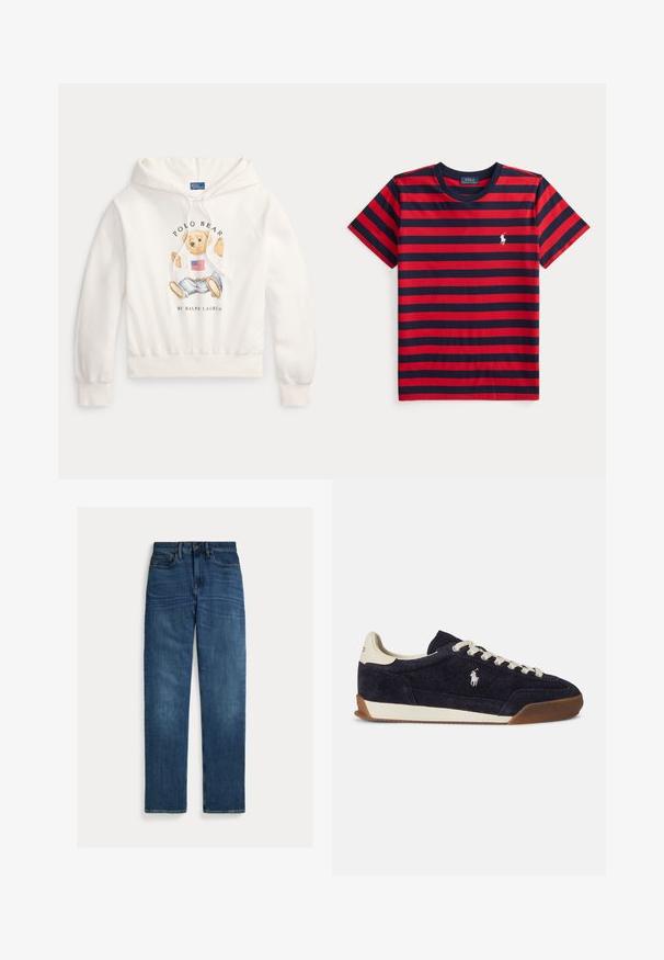Witte hoodie met een teddybeer die een shirt draagt met een Amerikaanse vlag en een spijkerbroek, tekst "Polo Bear by Ralph Lauren" op de voorkant.; T-shirt met korte mouwen en een ronde hals met rode en donkerblauwe horizontale strepen en een klein wit Polo Ralph Lauren-logo op de linkerborst.; Blauwe denim jeans met rechte pijpen, vijf zakken, knoopsluiting en subtiele vervaging op dijen en knieën, plat op een witte achtergrond gelegd.; Blauwe suède sneaker met crèmekleurige accenten, ronde neus, witte veters en een getextureerde gumrubberen zool, voorzien van een klein logo aan de zijkant.