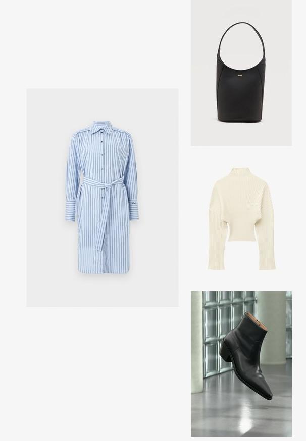 Pull en maille côtelée couleur crème avec manches longues, longueur courte et col montant type col montant.; Robe-chemise bleu clair à manches longues avec des rayures verticales foncées et une ceinture assortie à nouer à la taille.; Bottine en cuir noir avec un bout pointu et un talon carré lévitant au-dessus d'un sol gris réfléchissant près d'un mur en blocs de verre.; Sac seau en cuir noir avec une seule bandoulière et un petit logo BOSS doré centré près du haut à l'avant.