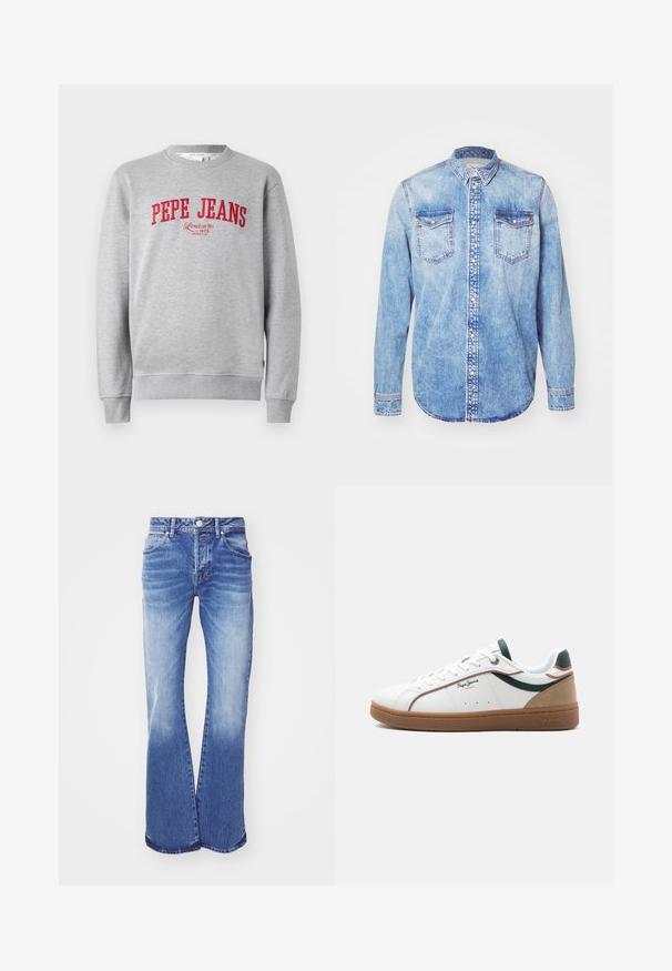 Šedá mikina s červenou vyšitou značkou "PEPE JEANS" a textom "London W1 1973" nižšie, s rebrovanými manžetami a lemom.; Svetlo modrá denimová košeľa s dlhými rukávmi, golierom na gombíky, dvoma náprsními vreckami a kontrastným prešívaním. Zaoblený lem a klasický strih.; Svetlomodré deninové rozšírené džínsy s vyblednutým praním, s piatimi vreckami, zapínaním na gombík a prešitím pozdĺž švov. Široký otvor na nohavice.; Biela nízka teniska s hnedou podrážkou, zelenými a béžovými detailmi, bielymi šnúrkami a logom "Pepe Jeans London" na boku.