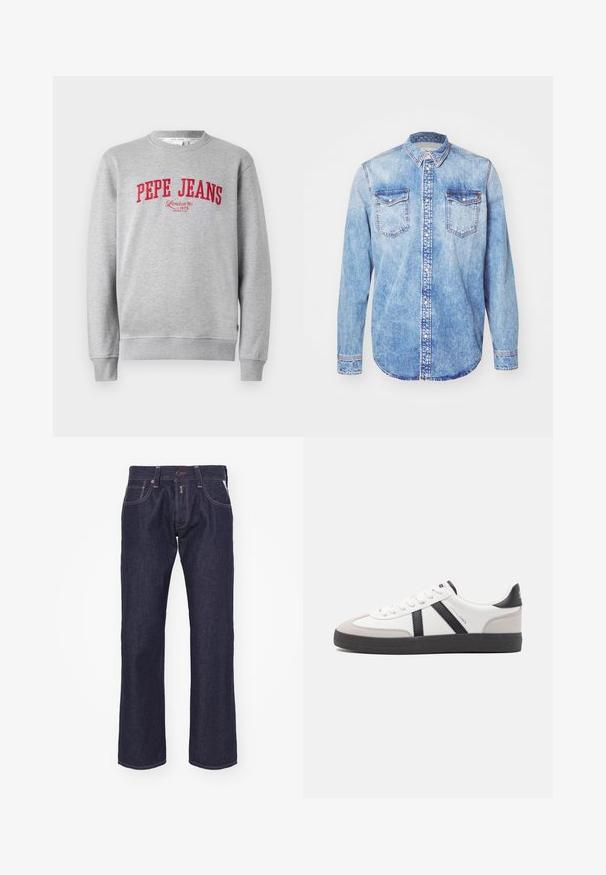 Grå sweatshirt med rødt broderet "PEPE JEANS" logo og teksten "London W1 1973" nedenfor, ribbede ærmer og kant.; Lysblå denimskjorte med lange ærmer, knap-ned krave, to brystlommer og kontrastsyetning. Rundet kant og klassisk pasform.; Mørkeblå denim jeans med lige ben-design. Funktioner inkluderer en knaplukning, fem lommer og kontrastsyning.; Hvide sneakers med sorte og grå detaljer, med en tekstureret grå tåhætte, sort gummisål og flade hvide snørebånd. Rent design, minimalistisk stil.