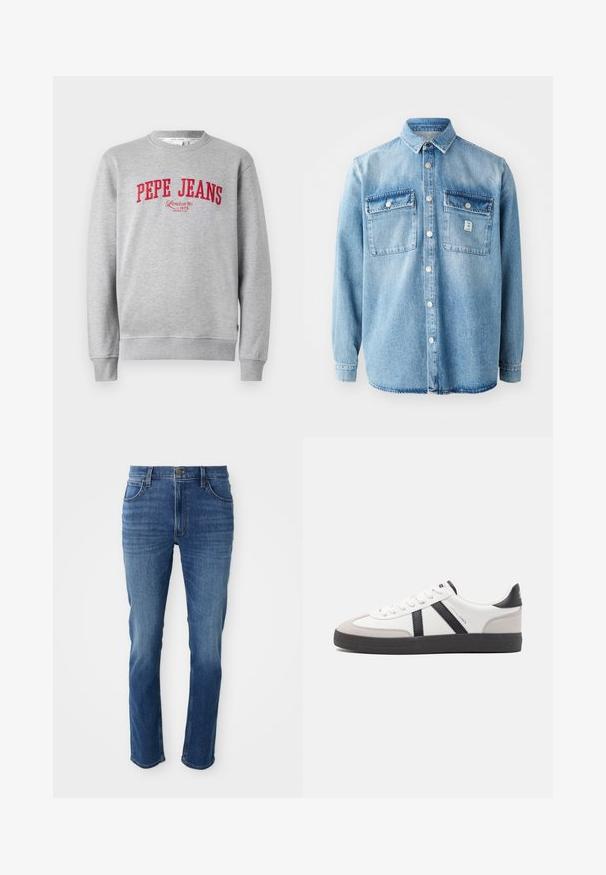 Sweatshirt gris avec logo "PEPE JEANS" brodé en rouge et le texte "London W1 1973" en dessous, avec des poignets et un ourlet côtelés.; Chemise en denim bleu clair à manches longues, col pointe, deux poches poitrine et fermeture boutonnée sur le devant. Présente une texture de tissu subtile et des détails de couture.; Jean en denim bleu avec une coupe droite, cinq poches et une fermeture éclair. Présente une décoloration subtile et des coutures contrastantes le long des coutures.; Baskets blanches avec des accents noirs et gris, présentant un embout texturé gris, une semelle en caoutchouc noir et des lacets plats blancs. Design épuré, style minimaliste.