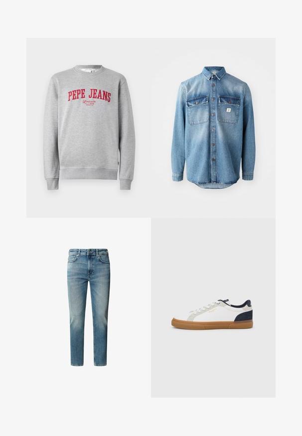 Šedá mikina s červenou vyšitou značkou "PEPE JEANS" a textom "London W1 1973" nižšie, s rebrovanými manžetami a lemom.; Svetlomodrá denimová košeľa s dlhými rukávmi, dvoma náprsnými vreckami, zapínaním na gombíky a kontrastnými tmavšími vrchnými časťami vreciek. Obsahuje zaoblený lem.; Svetlomodré denimové džínsy s rovný strihom, dizajnom s piatimi vreckami a zipsom. Oblečené v oblasti kolien a jemné žmolkovanie na stehnách.; Biele plátené tenisky s námorníckymi a sivými semišovými akcentmi. Majú podrážku z gumy, zaoblenú špičku a klasický šnurovací dizajn.