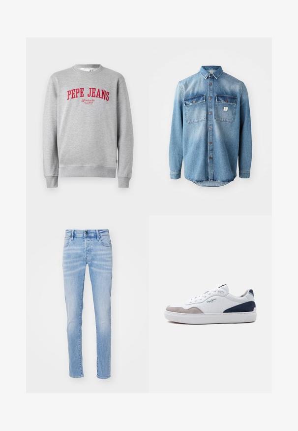 Grauer Sweatshirt mit rotem, gesticktem "PEPE JEANS"-Logo und dem Text "London W1 1973" darunter, mit gerippten Bündchen und Saum.; Hellblaues Jeanshemd mit langen Ärmeln, zwei Brusttaschen, durchgehender Knopfleiste und kontrastierenden, dunkleren Taschenoberteilen. verfügt über einen abgerundeten Saum.; Helle blaue Denim-Jeans mit schlankem Schnitt, ausgestattet mit einem Fünf-Taschen-Design, Gürtelschlaufen und einem Knopfverschluss. Der Stoff hat eine weiche Textur.; Weißer Low-Top-Sneaker mit grauer Wildlederfront, marineblauem Wildlederabsatz, weißen Schnürsenkeln und "Pepe Jeans"-Logo an der Seite.