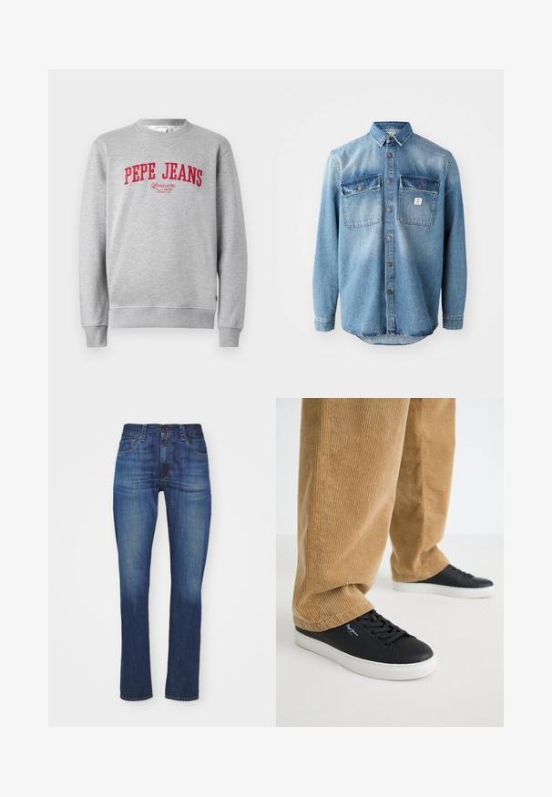 Šedá mikina s červenou vyšitou značkou "PEPE JEANS" a textom "London W1 1973" nižšie, s rebrovanými manžetami a lemom.; Svetlomodrá denimová košeľa s dlhými rukávmi, dvoma náprsnými vreckami, zapínaním na gombíky a kontrastnými tmavšími vrchnými časťami vreciek. Obsahuje zaoblený lem.; Tmavomodré denimové džínsy slim fit s klasickým piatimi vreckami, so zipsom a gombíkovým zapínaním a jemným blednutím.; Čierne kožené tenisky s bielymi gumovými podrážkami. Nosené s hnedými kordové nohavicami so zvislými ryhami a voľným strihom.