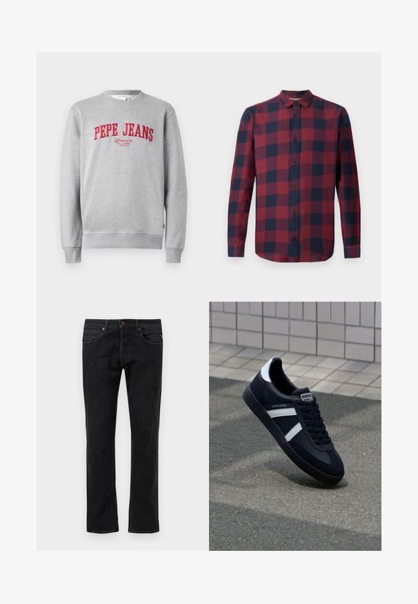 Grå sweatshirt med rødt broderet "PEPE JEANS" logo og teksten "London W1 1973" nedenfor, ribbede ærmer og kant.; Rød og marineblå plaid langærmet skjorte med nedfoldet krave og mørke knapper. Lavet af letvægtsstof med en glat tekstur.; Sorte denim jeans med et lige ben-design, der har fem lommer, diskret slidmærker og orange syninger som detaljer.; Sort lædersneaker med hvide striber, tekstureret gummisål og snørrebånd foran. Har et brandet mærke på tungen.