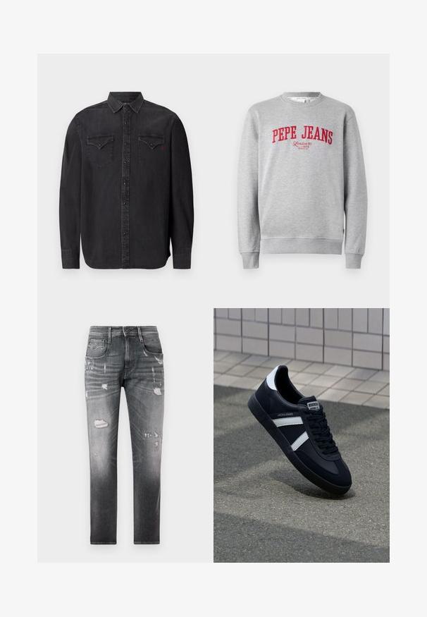 Šedá mikina s červenou vyšitou značkou "PEPE JEANS" a textom "London W1 1973" nižšie, s rebrovanými manžetami a lemom.; Dlhá čierna džínsová košeľa s klasickým golierom, zatváraním na cvočky, dvoma náprsníkovými vreckami a diskrétnym červeným logom.; Vyblité čierne denimové džínsy s poškodenými tkaninami. Obsahujú päť vreciek, zapínanie na gombík a rovný strih.; Čierne kožené tenisky s bielymi pruhmi, textúrovanou gumovou podrážkou a šnurovaním vpredu. Obsahujú označenie značky na jazyku.