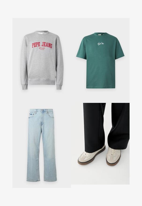 Grijze sweatshirt met rode geborduurde "PEPE JEANS" logo en de tekst "London W1 1973" eronder, ribgebreide mouwen en zoom.; Groene katoenen T-shirt met een ronde hals en korte mouwen. Voorzien van witte cursieve tekst "high tea" aan de voorkant. Eenvoudig ontwerp, geen patronen.; Lichtblauwe denim jeans met een losse, wijde pasvorm. Bevat vijf zakken, riemlussen en een ritssluiting met een knoopsluiting.; Voeten met beige sneakers met bruine zolen en zwarte wijde broekspijpen op een witte achtergrond.