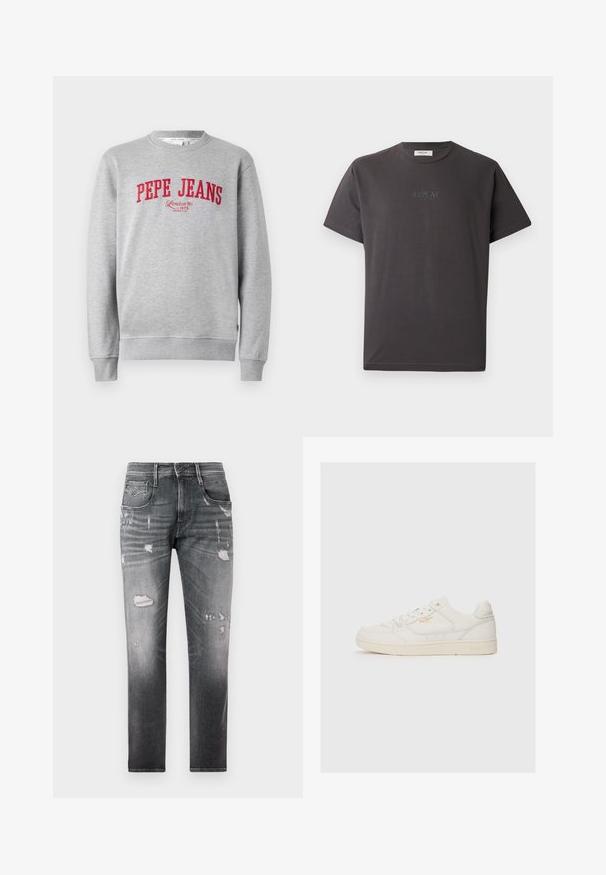 Grå sweatshirt med rødt broderet "PEPE JEANS" logo og teksten "London W1 1973" nedenfor, ribbede ærmer og kant.; Mørkegrå kortærmet bomulds-t-shirt med et diskret reliefprint af "REPLAY" logoet foran. Rund halsudskæring og afslappet pasform.; Falmede sorte denimjeans med slidte lapper. Har fem lommer, en knaplukning og en lige ben-design.; Hvide lædersneakers med en glat overflade, der har perforerede detaljer, snørebånd fortil og et diskret logo i guld nær siden.