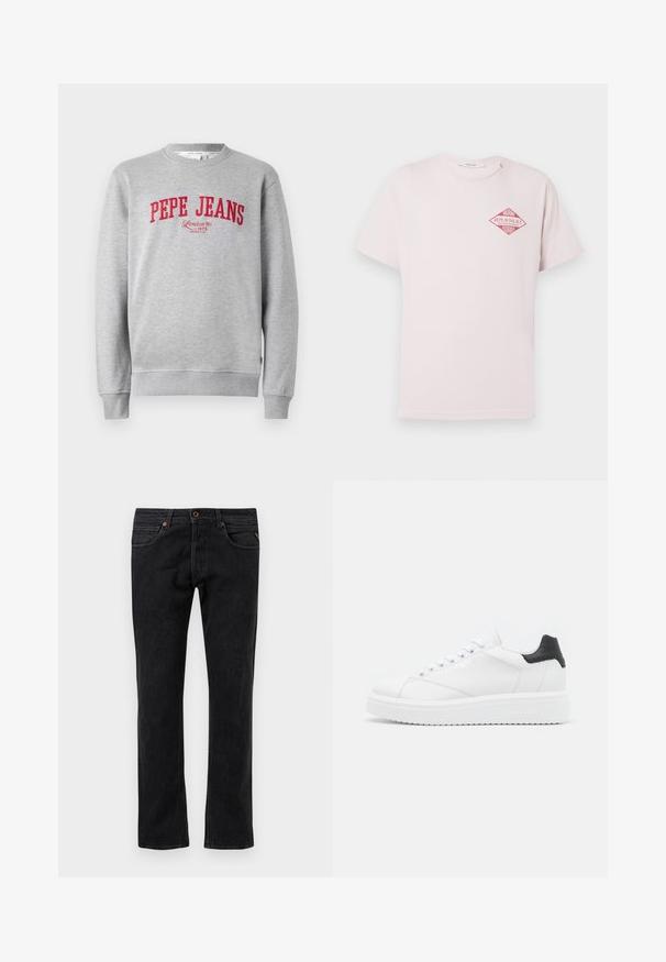 Grijze sweatshirt met rode geborduurde "PEPE JEANS" logo en de tekst "London W1 1973" eronder, ribgebreide mouwen en zoom.; Lichtroze T-shirt met korte mouwen en een rood ruitvormig ontwerp met de tekst "Miami Replay Palace Florida" op de bovenste linkerborst.; Zwarte spijkerbroek van denim met een rechte pijp, voorzien van vijf zakken, subtiele wassing en oranje stiksels.; Witte leren sneaker met een zwarte haklip, platte veters, gestructureerde tussenzool en branding aan de buitenzijde. Ontworpen voor casual gebruik.
