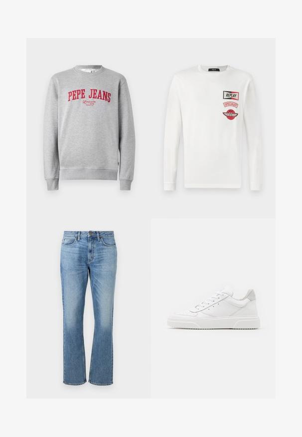 Šedá mikina s červenou vyšitou značkou "PEPE JEANS" a textom "London W1 1973" nižšie, s rebrovanými manžetami a lemom.; Biela košeľa s dlhým rukávom a troma červenými a čiernymi nášivkami na ľavej strane hrude: "REPLAY," "SPECIALIST" a logo s krídlovým V.; Svetlomodré džínsy s rovnom nohou, s predným zapínaním na gombík, piatimi vreckami a vyblednutými miestami pre textúru.; Biele kožené tenisky s hladkým povrchom, zaoblenou špičkou, plochými šnúrkami a textúrovanou podrážkou. Sivý semišový akcent na päte.
