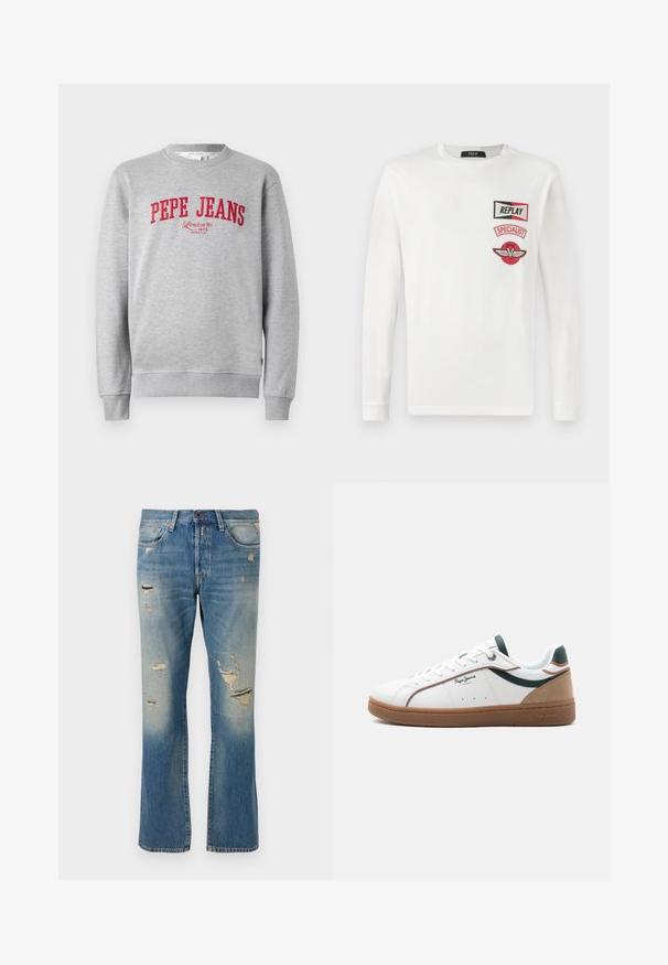 Grauer Sweatshirt mit rotem, gesticktem "PEPE JEANS"-Logo und dem Text "London W1 1973" darunter, mit gerippten Bündchen und Saum.; Weißes Langarmshirt mit drei roten und schwarzen Aufnähern auf der linken Brust: "REPLAY", "SPECIALIST" und ein geflügeltes V-Logo.; Hellblaue Denim-Jeans mit einer lockeren Passform, die verwaschene Details und fransige Patches aufweisen, mit dem klassischen Fünf-Taschen-Design und einem Knopfverschluss.; Weißer Sneaker mit niedriger Schafthöhe, brauner Sohle, grünen und beigen Akzenten, weißen Schnürsenkeln und dem Logo "Pepe Jeans London" an der Seite.