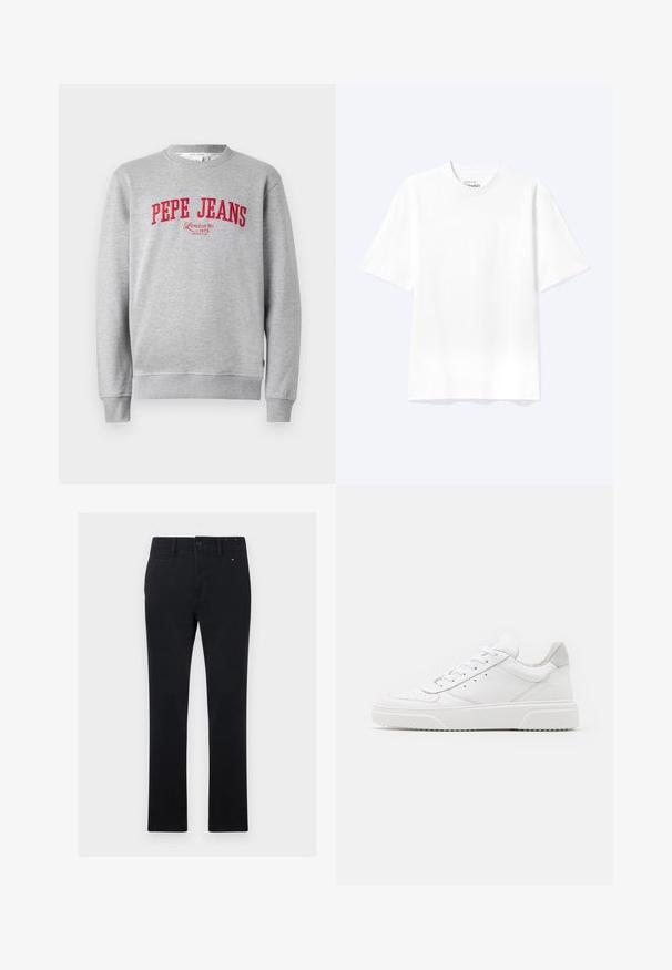 Grå sweatshirt med rødt broderet "PEPE JEANS" logo og teksten "London W1 1973" nedenfor, ribbede ærmer og kant.; Enkel hvid T-shirt med korte ærmer og rund hals med afslappet pasform, vist på en lys baggrund.; Sorte bomuldsbukser med lige snit, der har knap- og lynlåsclosure, fem lommer og diskrete syninger.; Hvide lædersneakers med en glat finish, rund tå, flade snørebånd og en struktureret sål. Grå ruskindsdetalje ved hælen.