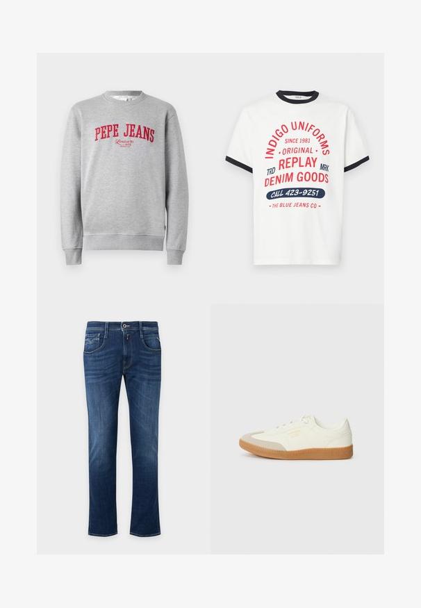 Šedá mikina s červenou vyšitou značkou "PEPE JEANS" a textom "London W1 1973" nižšie, s rebrovanými manžetami a lemom.; Biele bavlnené tričko s námorníckym golierom a manžetami, s červeným a modrým grafickým textom, vrátane "INDIGO UNIFORMS" a "CALL 423-9251."; Tmavomodré rifle s rovnými nohavicami, predným gombíkom, zipsom a dizajnom s piatimi vreckami.; Tenisky vyrobené z bielej kože s béžovou špičkou a svetlohnedou gumovou podrážkou. Majú ploché biele šnúrky a embosované logo na boku.